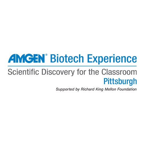 A blue and white logo for amgen biotech experience.