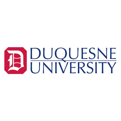 A red and white logo of duquesne university.
