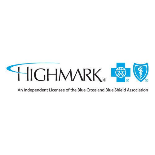 A blue and white logo of highmark.