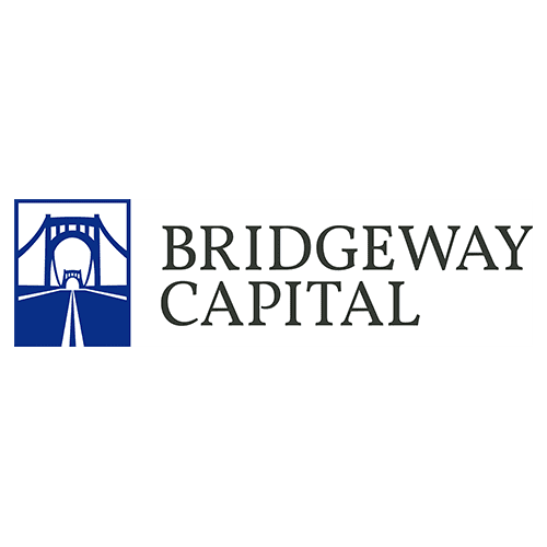 A blue and white logo of bridgeway capital.