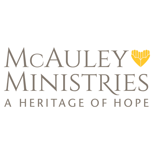A black background with the words mcauley ministries in grey and yellow.